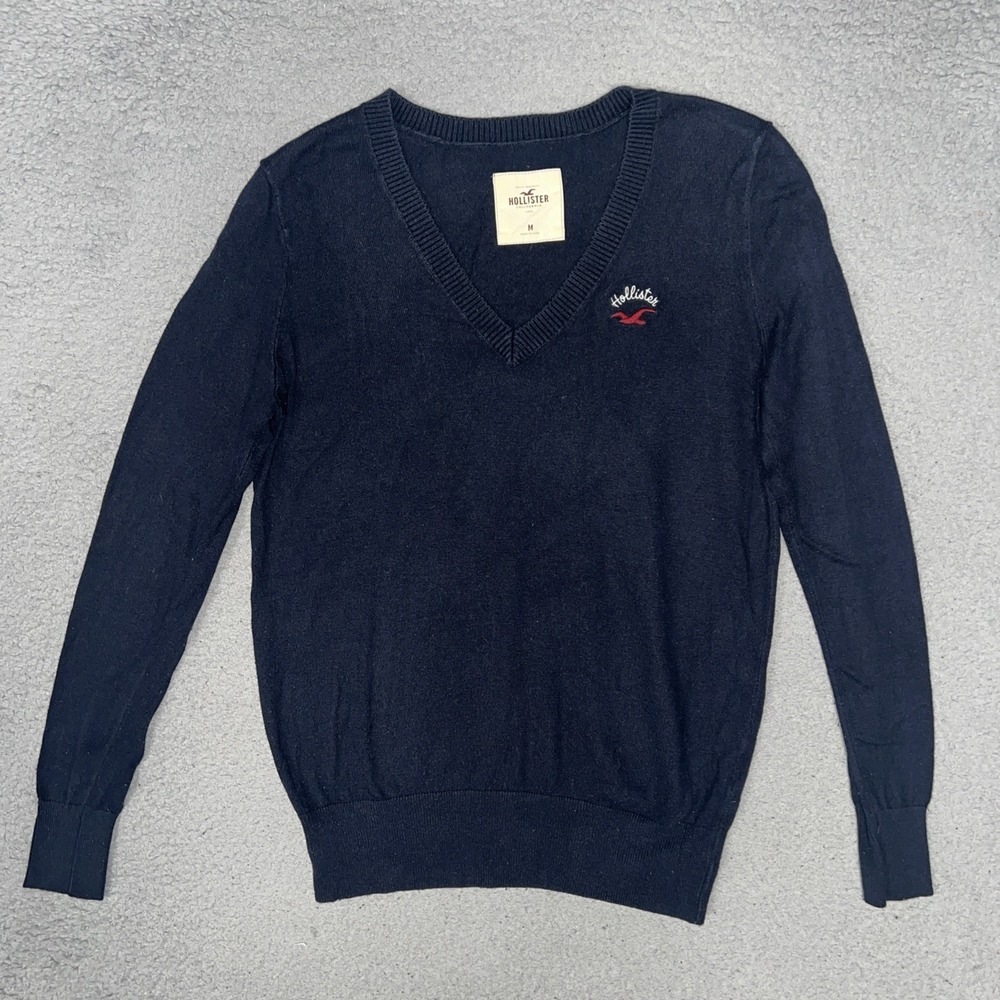 VTG Hollister California Sweater Women Sz M Black V Neck Embroider Logo Pullover